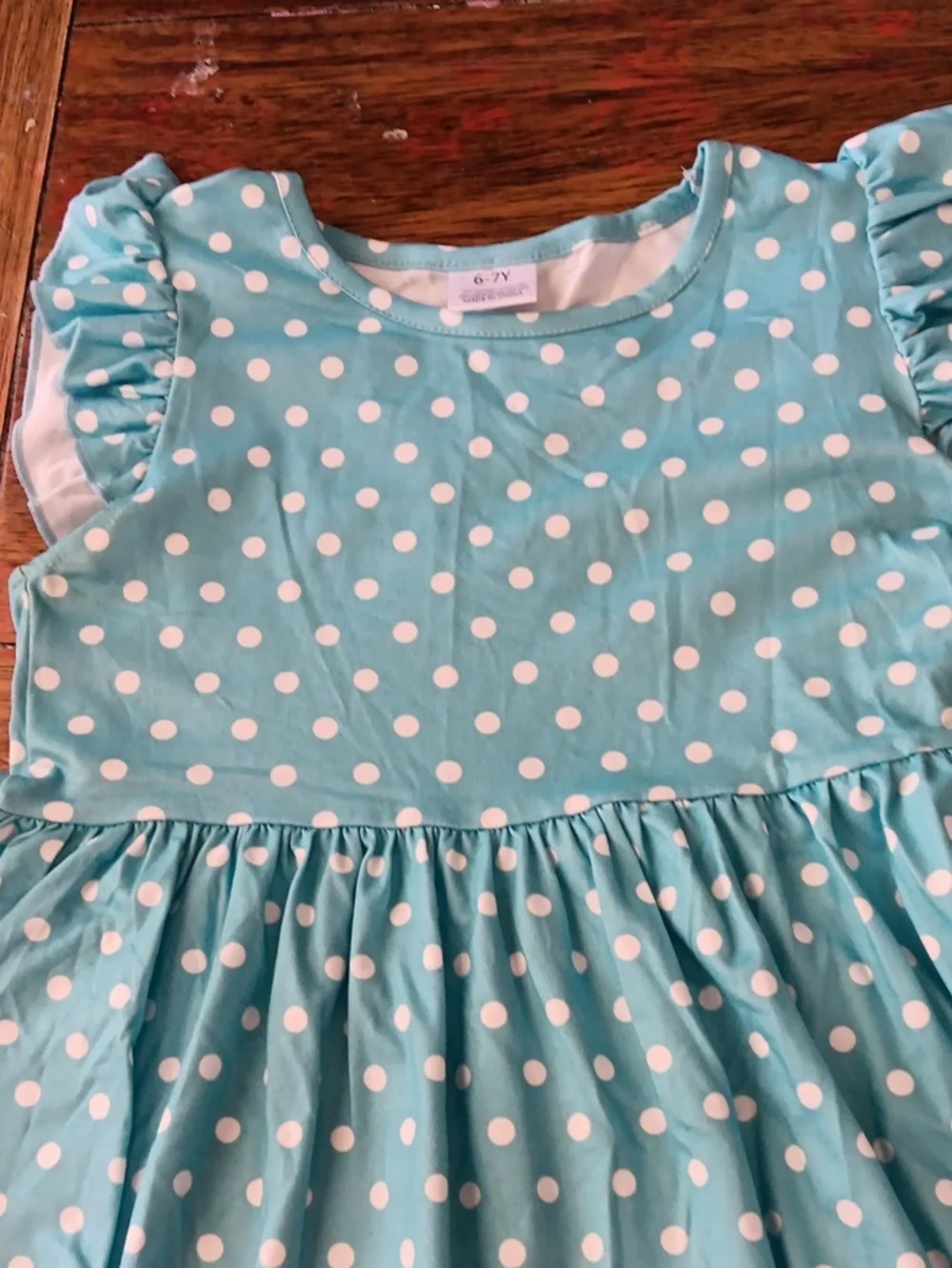 Girls' Aqua Polka Dot Dress with Ruffle Sleeves